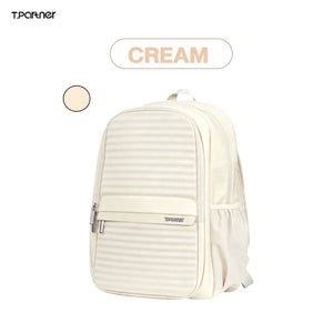 กระเป๋าเป้ผ้าสีครีม T.partner ลายริ้ว ช่องใส่ของด้านหน้า