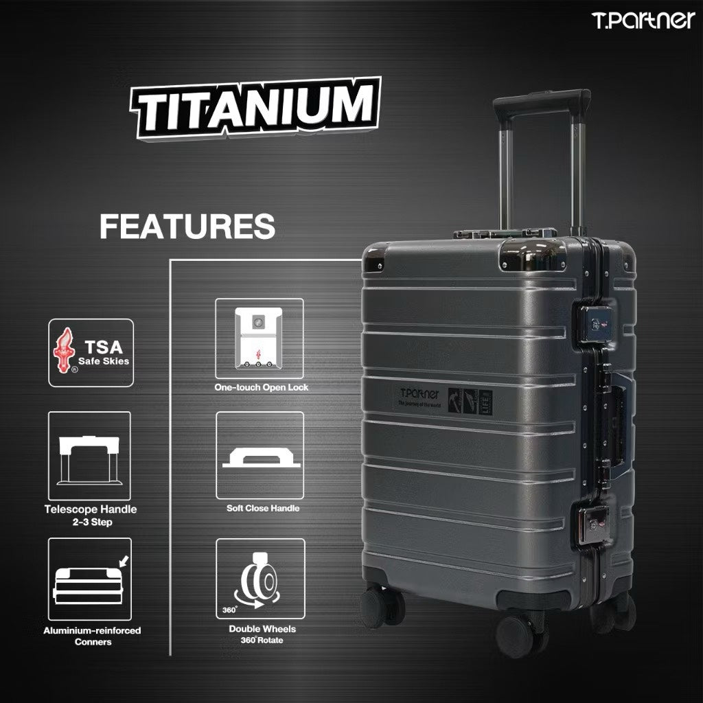 กระเป๋าเดินทาง Titanium Series สีเทา ดีไซน์หรู พร้อมคุณสมบัติเด่น TSA, ล้อคู่หมุน 360 องศา